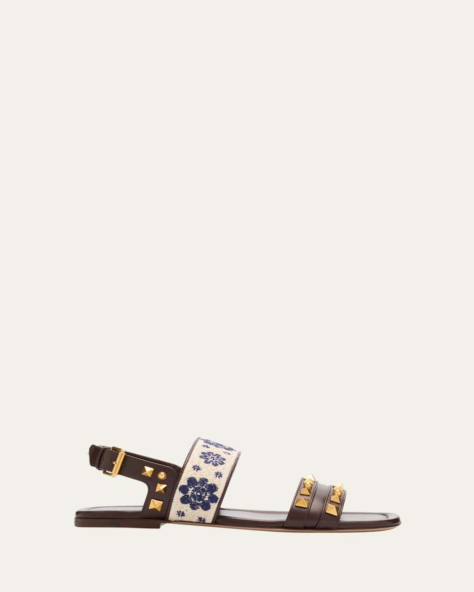 Rockstud Floral Embroidered Slingback Sandals
